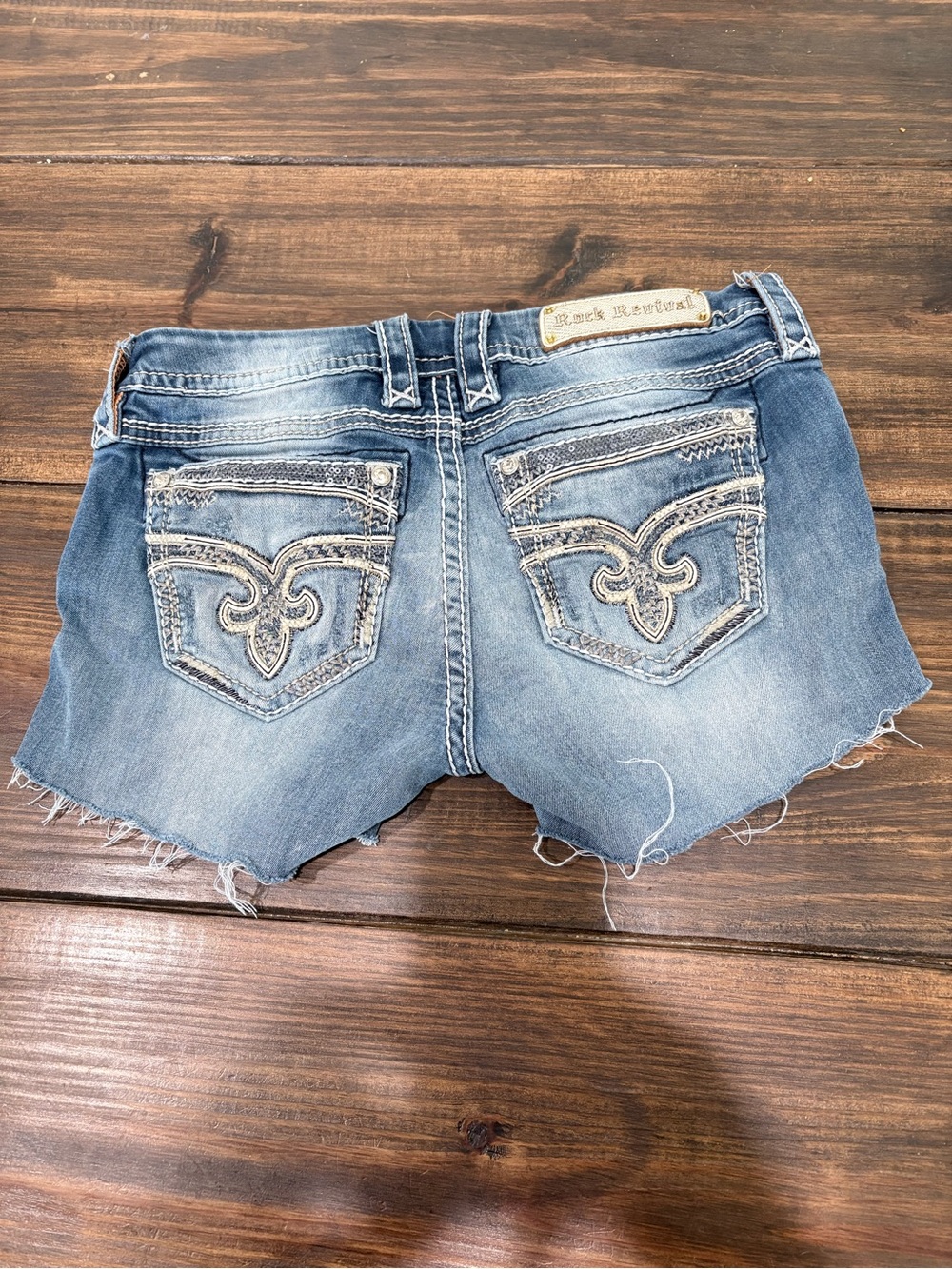 Rock Revival Faded Blue Embroidered Denim Cutoff Shorts